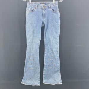 Y2K Vtg Gasoline Brand Womens 3 Flare Boot Leg Denim Jeans Swirl Stitch Festival